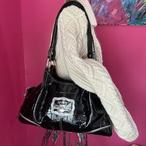 Black Patent Croc-Embossed Shoulder Bag with Silver Plaque